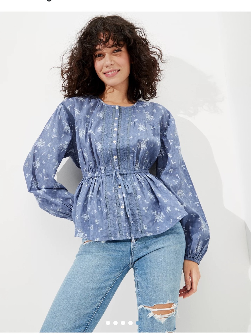 American Eagle Blue Floral Peplum Button-Front Women's Top, size small